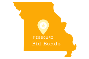 A bright orange outline of the state of Missouri with a location pin labeled "Bid Bonds", symbolizing the importance of securing bid bonds for construction projects within Missouri.