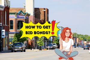 A street scene in a small Missouri town with a vibrant, comic-style speech bubble saying "How to Get Bid Bonds?" along with a seated, smiling woman, making the process of obtaining bid bonds more approachable.