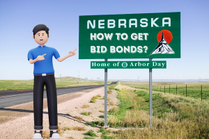 Highway sign in Nebraska with a cartoon character pointing to text that says, "How to Get Bid Bonds?" emphasizing easy access to bid bond information.