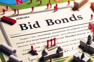 Illustrated certificate titled "Nebraska Bid Bonds" surrounded by construction elements and landmarks, symbolizing legal and construction industries in Nebraska.