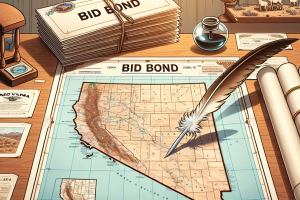 Vintage-style map of Nevada surrounded by bid bond documents and a quill pen. This image represents the formal process of obtaining bid bonds in Nevada.