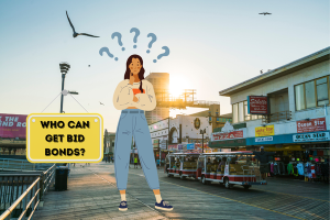 Woman standing on a boardwalk in New Jersey with a sign reading 'Who Can Get Bid Bonds?' highlighting the eligibility for bid bonds in New Jersey.