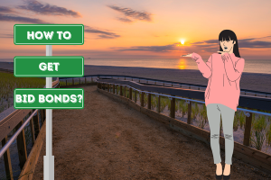 Woman at a beach in New Jersey pointing towards a sign that reads 'How to Get Bid Bonds?' showcasing steps to acquire bid bonds in New Jersey.