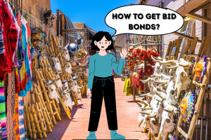 Cartoon character in a New Mexico market asking 'How to get bid bonds?' visually engaging viewers about the process of obtaining bid bonds in the state.