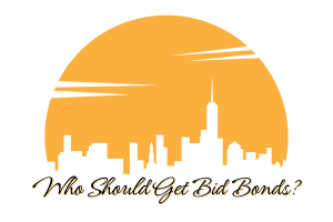 Silhouette of New York City's skyline with the question 'Who Should Get Bid Bonds?', highlighting the relevance of bid bonds for contractors in New York.