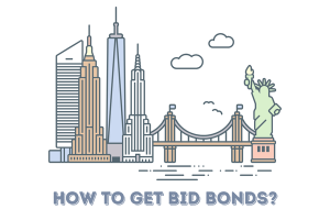 Detailed illustration of New York City skyline and bridges with the text 'How to Get Bid Bonds?', offering guidance on securing bid bonds in the city.