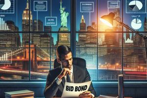 Businessman analyzing a bid bond document in an office with a New York City skyline backdrop, representing the critical decision-making process for contractors seeking bid bonds.