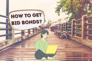 Person sitting on a wooden boardwalk using a laptop, with a speech bubble asking 'How to Get Bid Bonds?' symbolizing the search for bid bonds in North Carolina.