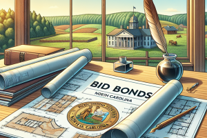 A detailed desk scene with blueprints, an ink bottle, and scrolls, showcasing a bid bond document for North Carolina, symbolizing planning and contracts in the bid bond process.