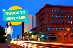 Illustration of a woman standing in front of a busy North Dakota city street with the text 'Things to Remember'. Key reminders for contractors seeking bid bonds in North Dakota.