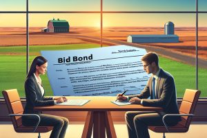 Two professionals discussing a bid bond agreement in a North Dakota farm setting, with detailed bond paperwork in the foreground. Insights into bid bond agreements in North Dakota.