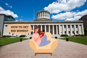 Illustration of a woman reading with the Ohio State Capitol in the background, asking 'How to Get Bid Bonds?' - Guiding contractors through the process of securing bid bonds in Ohio.