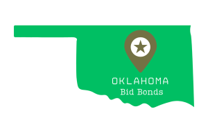 Green silhouette of the state of Oklahoma with a location pin and the text 'Oklahoma Bid Bonds,' indicating where to find bid bonds in the state.