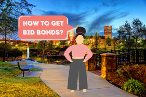 Illustration of a person standing in a scenic Oklahoma park with a speech bubble asking 'How to get bid bonds?' against an urban skyline backdrop.