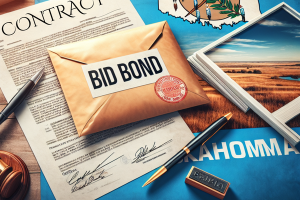 Detailed image of a bid bond contract with a sealed envelope labeled 'Bid Bond' on top of an Oklahoma-themed background, emphasizing legal and contract aspects of bid bonds.