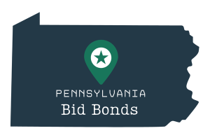 Pennsylvania bid bonds - A graphic map of Pennsylvania with a location pin icon showing the relevance of bid bonds for contractors bidding on public projects in the state.