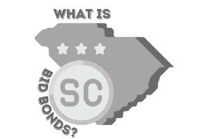 Graphic illustration of South Carolina map with the text 'What is Bid Bonds?' displaying three stars on the state, representing bid bonds related to South Carolina.