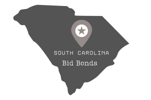 Dark silhouette of South Carolina map with a star marker icon and the text 'South Carolina Bid Bonds' emphasizing the location and purpose of bid bonds within the state.