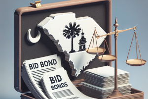 South Carolina-themed suitcase with bid bond papers, legal scales, and a state emblem showcasing the process and importance of bid bonds in South Carolina.