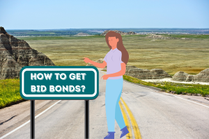 Illustration of a woman standing on a road in South Dakota with a sign reading 'How to Get Bid Bonds,' representing the process of obtaining bid bonds in the state.