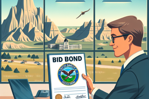 Professional reviewing a South Dakota bid bond certificate with Mount Rushmore and a state building in the background, symbolizing the importance of bid bonds in South Dakota projects.