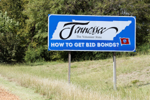 A Tennessee road sign reading 'How to Get Bid Bonds?' against a scenic background, representing guidance for contractors on obtaining bid bonds in the state.