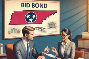 Business professionals reviewing bid bond documents with a Tennessee map and state symbols in the background, highlighting discussions about bid bonds for Tennessee contractors.