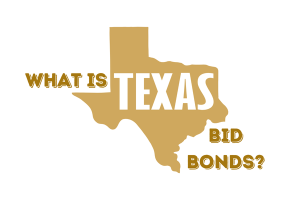 Illustration of the state of Texas in gold with bold text 'What is Texas Bid Bonds?' showcasing the importance of bid bonds in the Texas construction industry.