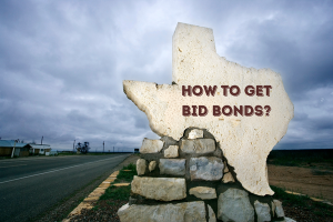 Image of a stone Texas-shaped monument on the side of a road with the caption 'How to Get Bid Bonds?' emphasizing steps to acquire bid bonds in Texas.