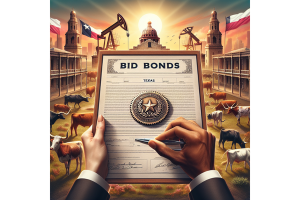 Artistic rendering of hands signing a bid bond document set in a Texas-themed backdrop, with cattle and the Texas Capitol in the background, illustrating the bid bond process in Texas.