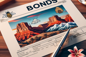 Stylized bond certificate with a scenic Utah landscape and bees, symbolizing bid bonds in Utah and the signing process.