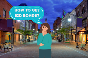 How to Get Bid Bonds in Vermont? An illustration of a thoughtful woman in a Vermont street setting, symbolizing the process of acquiring bid bonds.