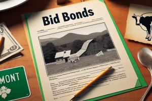 Vermont Bid Bonds Documentation: A retro-style image showing paperwork for bid bonds, set against a Vermont rural background with a barn, highlighting the formal aspects of bid bonds.