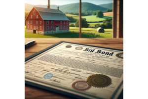 Framed bid bond certificate on a rustic table with a red barn in the background, representing legal documents for bid bonds in Virginia construction.