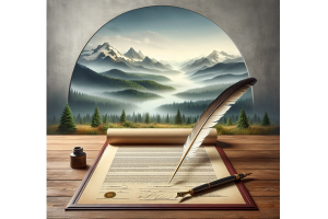 Scroll and quill with a scenic backdrop of Washington mountains, symbolizing the official paperwork required for securing bid bonds in Washington.