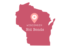 Red Wisconsin state map with a star pinpoint marking the location of 'Wisconsin Bid Bonds' in white text for visual emphasis.