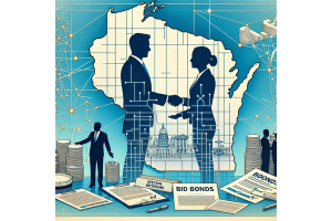 Business professionals shaking hands over a blueprint of Wisconsin, representing bid bonds and financial documents related to Wisconsin bid bonds.