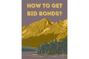 A stylized image featuring a mountain range with trees and a lake under a golden sky, with the text 'How to Get Bid Bonds?' displayed at the top. The colors of the illustration evoke the natural beauty of Wyoming, aligning with informational content about acquiring bid bonds.