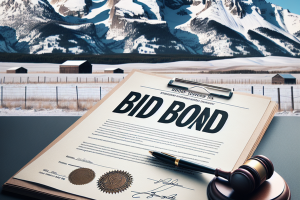 A realistic image of a bid bond document with a pen and gavel, set against the backdrop of snow-covered Wyoming mountains. The image symbolizes legal and official procedures involved in acquiring bid bonds, with the rural setting highlighting the region’s natural beauty.