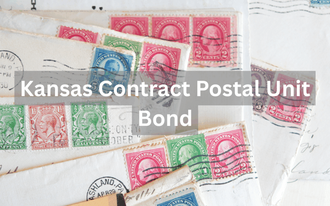 Vintage envelopes and colorful U.S. postage stamps with “Kansas Contract Postal Unit Bond” text overlay.
