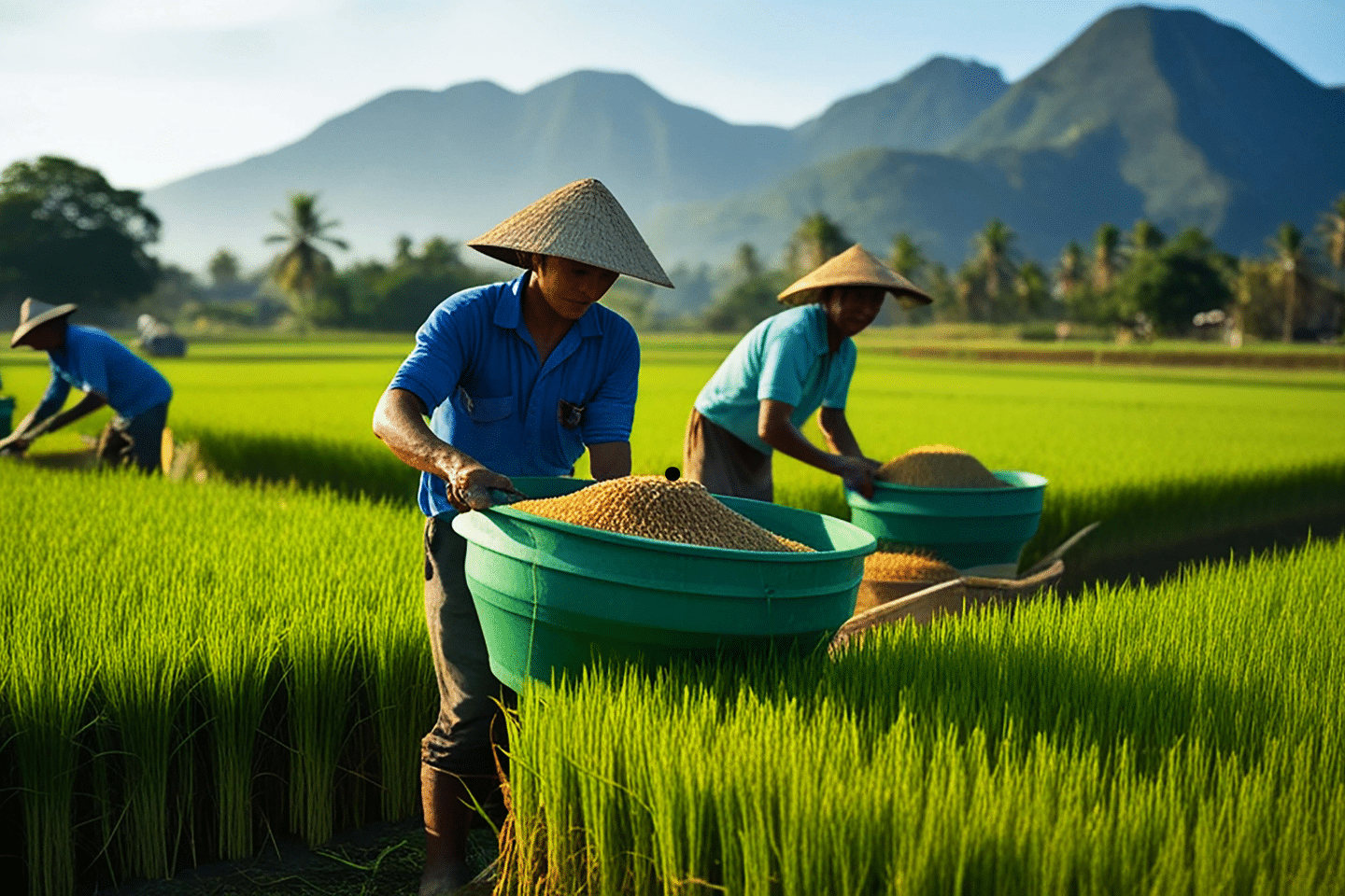 Farmers carrying containers filled with grain in a lush green paddy field with mountains in the background.