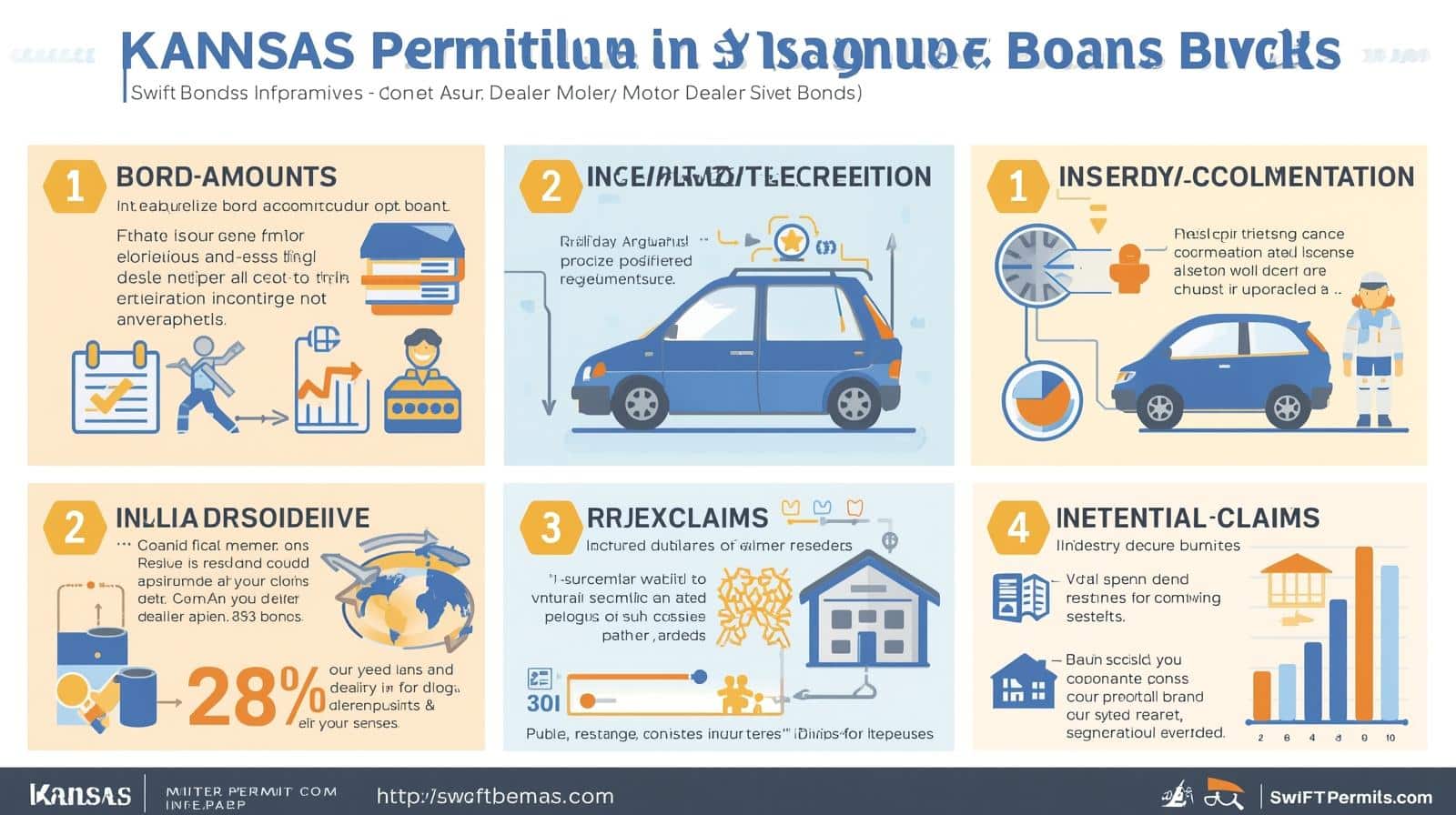 Infographic explaining Kansas motor vehicle dealer bond requirements, costs, and compliance steps.