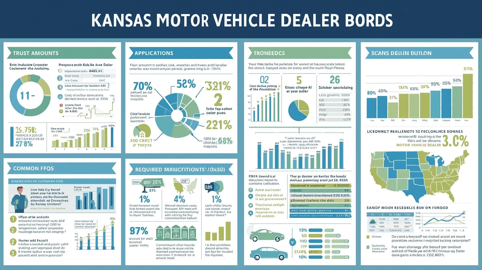 Data-heavy infographic on Kansas motor vehicle dealer bonds with trust amounts, applications, and compliance statistics.