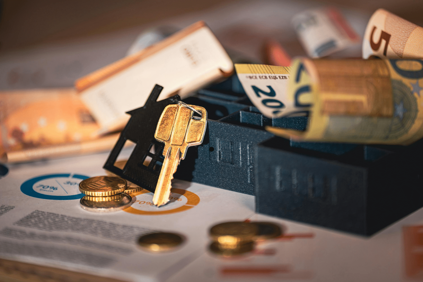 Close-up of house keys, coins, and euro banknotes symbolizing asset control and financial responsibility.