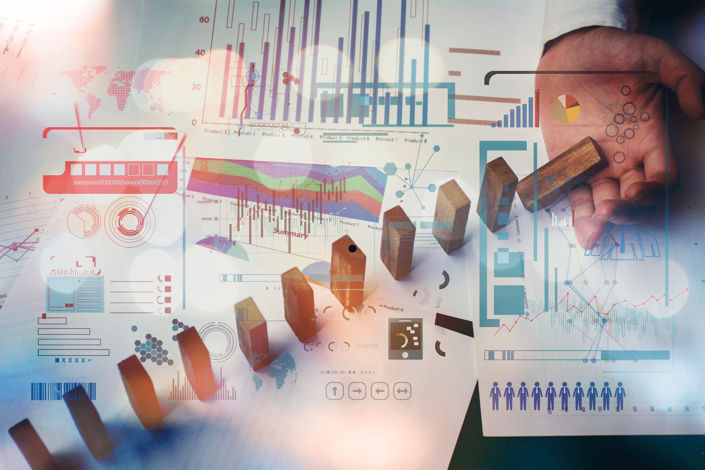 Concept image showing financial data charts and falling dominoes representing risk management and accountability.
