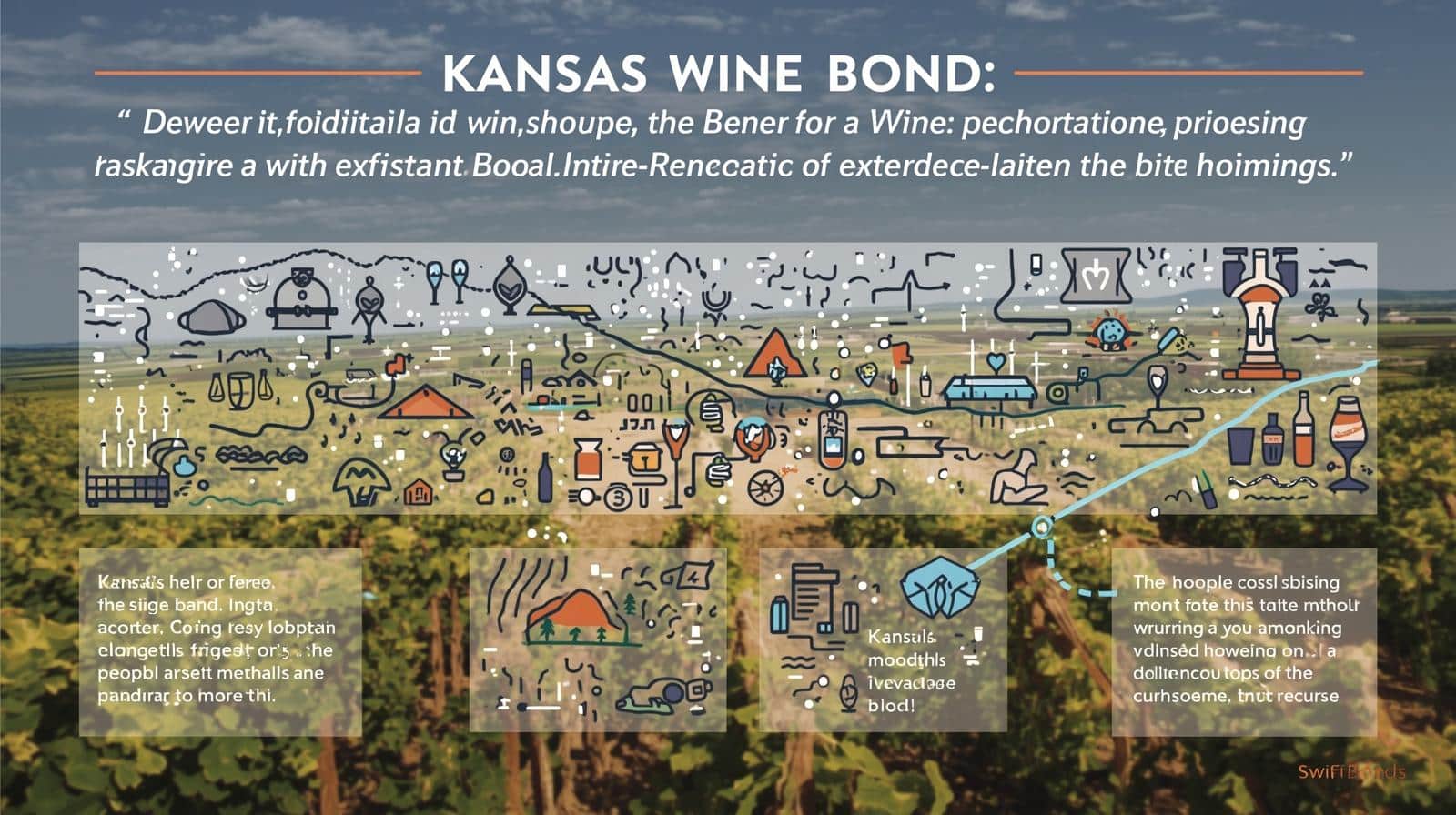 Vineyard background with icons representing wine production, distribution, and Kansas bond compliance.