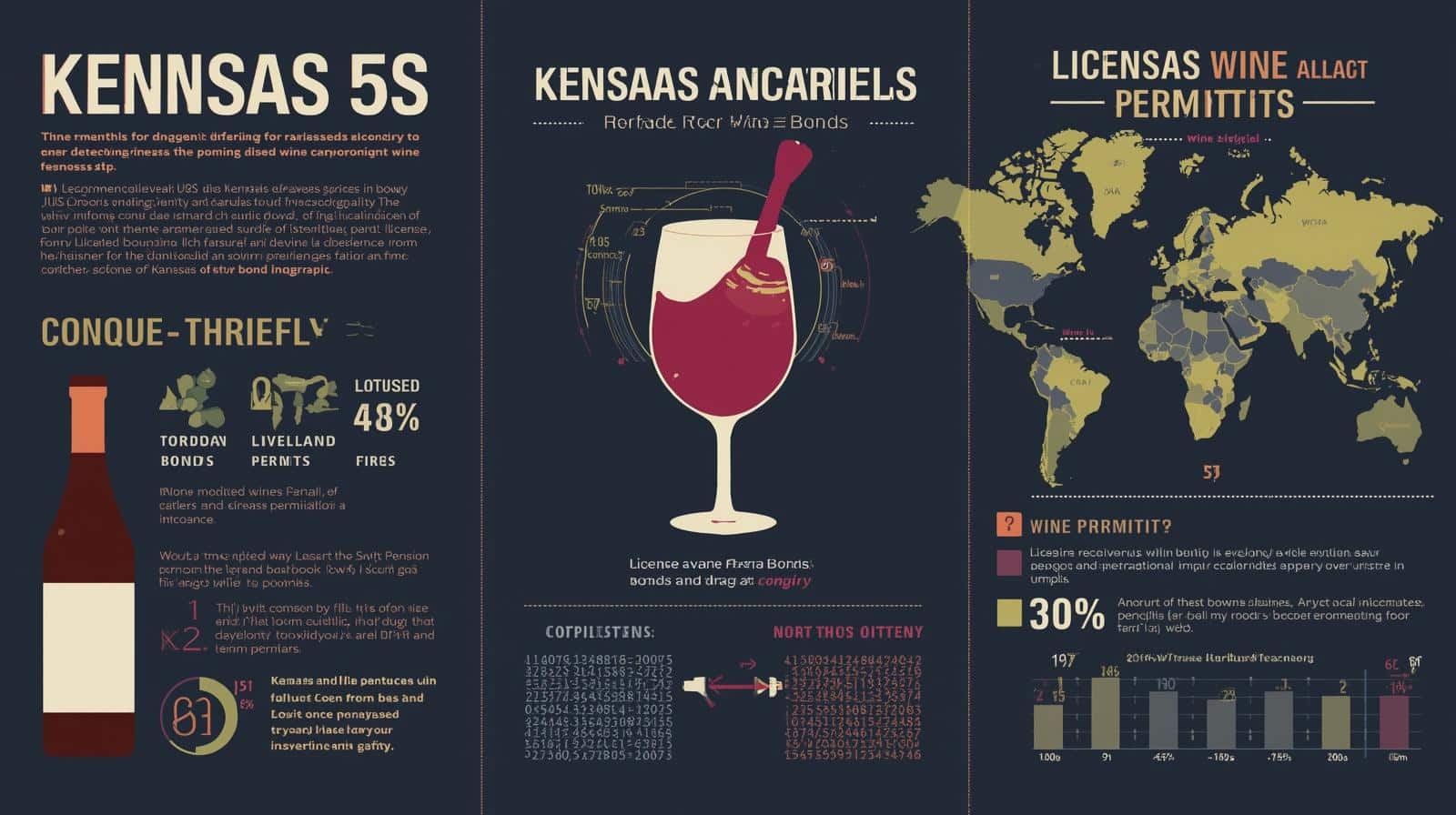 Dark-themed graphic with wine glass illustration, permit statistics, and a global licensing map.