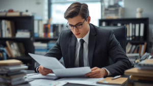 Professional reviewing auctioneer bond documents at desk with paperwork and financial forms
