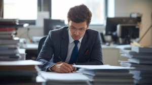 Business professional analyzing licensing paperwork for Alabama auctioneer bond compliance