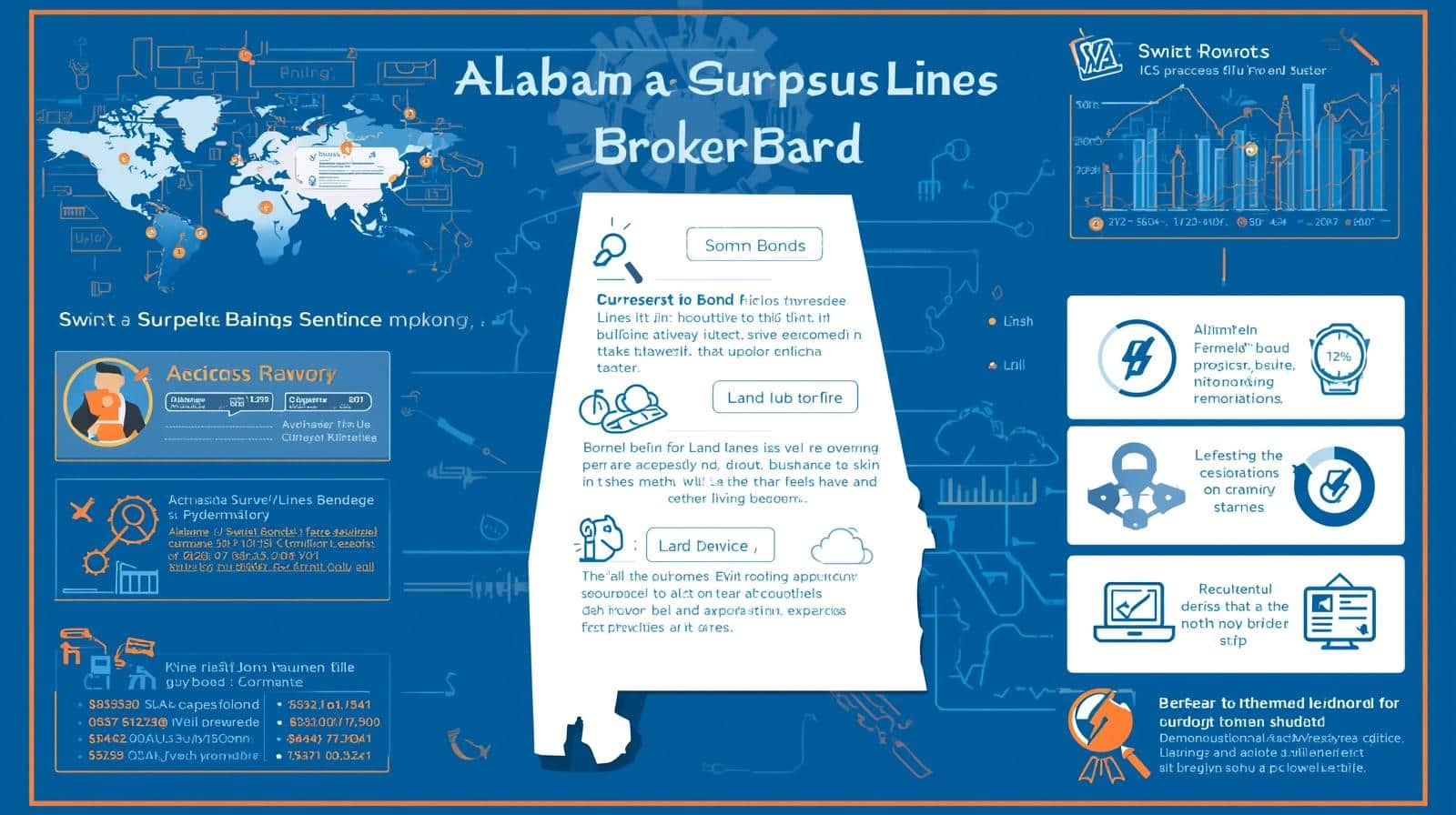 Visual guide showing global context, state-specific bond details, and compliance benefits for Alabama surplus lines brokers.